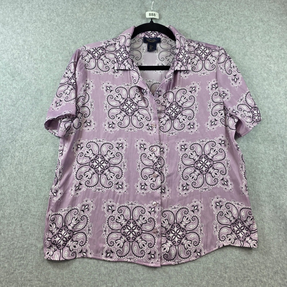 Rachel Rachel Roy Womens Purple Paisley‎ Bandana Print Short Sleeve Button Up S